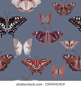 Multicolored big and small butterflies on a blue, lilac, plum background seamless pattern. Vector illustration with insects. EPS10