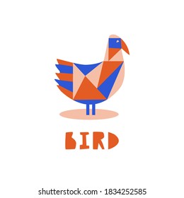 Multicolored bird in patchwork style on white background. Vector mosaic illustration for print, decoration, surface design