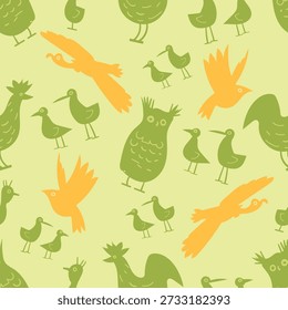 Multicolored bird silhouettes seamless pattern. Doodle owl and rooster. Flying pigeon. Repeated children print. Funny chicken. Sparrow fowl. Feather animal. Cute birdie flight. Vector flat background