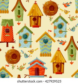 Multi-colored birdhouses and birds. Seamless background pattern. Vector illustration