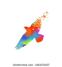 Multi-colored birds. Abstract bird mosaic. A flock of flying rainbow birds. Vector illustration