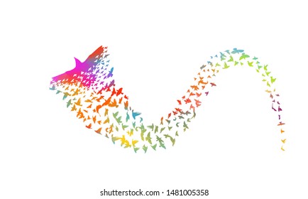 Multi-colored birds. Abstract bird mosaic. A flock of flying rainbow birds. Vector illustration