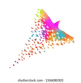 Multi-colored birds. Abstract bird mosaic. A flock of flying rainbow birds. Vector illustration