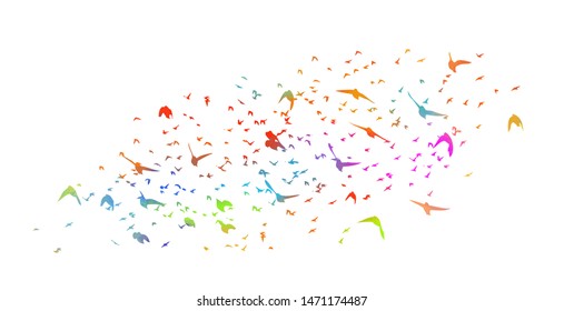Multi-colored birds. A flock of flying rainbow birds. Vector illustration