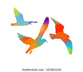 Multi-colored birds. A flock of flying rainbow birds. Vector illustration