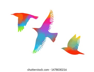 Multi-colored birds. A flock of flying rainbow birds. Vector illustration