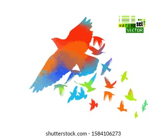 Multi-colored birds. A flock of flying rainbow birds. Mixed media Vector illustration