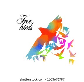 Multi-colored birds. A flock of flying rainbow birds. Vector