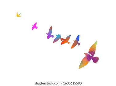 Multi-colored birds. A flock of flying rainbow birds. Vector illustration