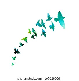 Pájaros multicolores. Un rebaño de aves arcoiris voladoras. Un montón de pájaros en llamas. Medios mixtos. Ilustración del vector