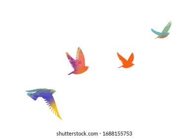 Multi-colored birds. A flock of flying rainbow birds. A lot of soaring birds. Mixed media. Vector illustration