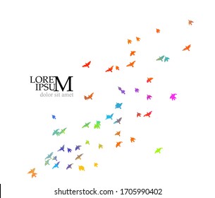 Multi-colored birds. A flock of flying rainbow birds. Mixed media. Vector illustration