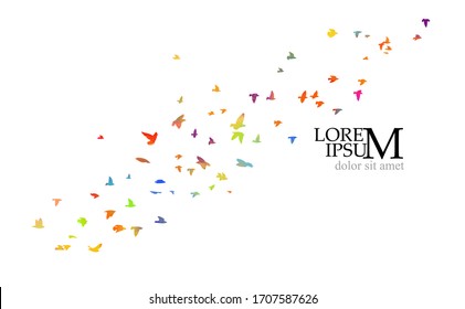 Multi-colored birds. A flock of flying rainbow birds. A lot of soaring birds. Mixed media. Vector illustration