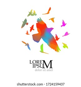 Multi-colored birds. A flock of flying rainbow birds. A lot of soaring birds. Mixed media. Vector illustration