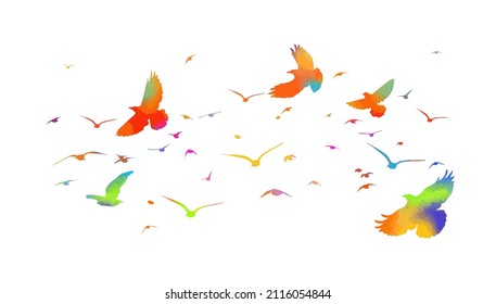 Multi-colored birds. A flock of flying rainbow birds. Vector illustration