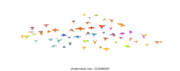 Aves multicolores. Un rebaño de aves arcoiris voladoras. Ilustración del vector