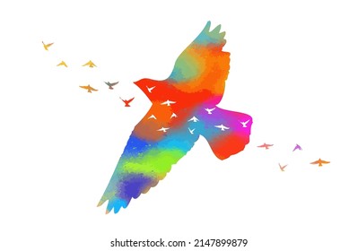 Multi-colored birds. A flock of flying rainbow birds. Vector illustration