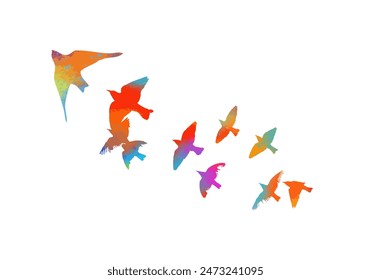 Multi-colored birds. A flock of flying rainbow birds. Vector illustration