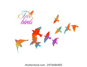 Multi-colored birds. A flock of flying rainbow birds. Vector illustration