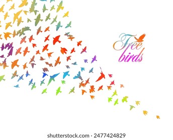 Aves multicolores. Una bandada de pájaros voladores del arco iris. Ilustración vectorial