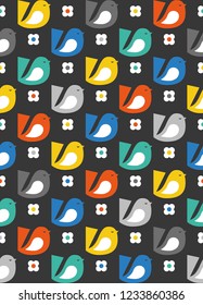 Multicolored birds and flowers seamless pattern. Nordic style. Vector illustration.