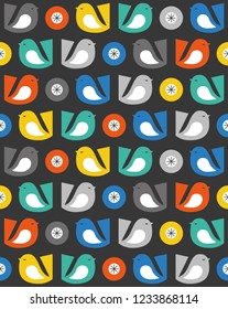Multicolored birds and flowers seamless pattern. Nordic style. Vector illustration.