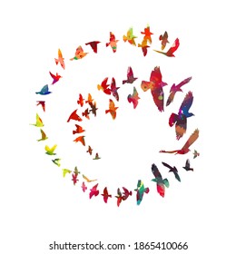 Multi-colored Birds fly in a circle. A flock of colorful birds. Mixed media. Abstraction from birds. Vector illustration