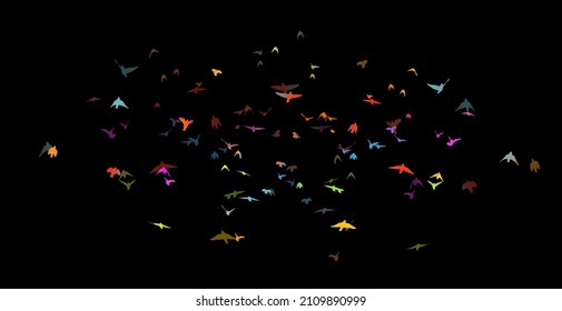 Multi-colored birds on a black background . A flock of flying rainbow birds. Vector illustration