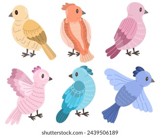 Pájaros multicolores sobre fondo blanco. Vector plano