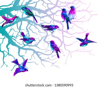 
Multi-colored birds sitting on tree branches. Wall sticker. Color graphic drawing of branches and multicolored birds sitting on them. Silhouette of colored tree branches and bright purple birds.