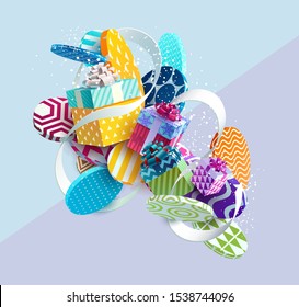 Multicolored birthday gifts with white ribbon and abstract background