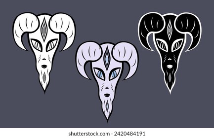 Multicolored and black and white vector drawing of zodiac Aries, magic ram or mouflon, goat, astrology template for witchcraft cards, astrology, zodiac emblem, logo, poster, print