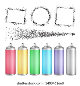 Multicolored Blank Bottle Of Aerosol Set Vector. Different Collection Of Frame Paint By Aerosol, Explosion Splash Sprayer Flow And Different Color Aluminium Container. Realistic 3d Illustration