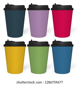 Multicolored blank corrugated paper cups isolated on white background, mock-up. Takeaway drink disposable mug set, mockup.