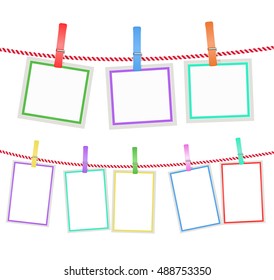 multicolored blank photo frames hanging on a rope with clothespins. vector 