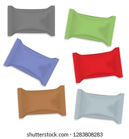 Multicolored blank sachet packets isolated on white background, vector mockup. Snack packaging wrapper, chocolate bar, candy - template.