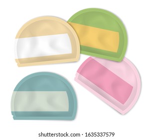 Multicolored blank semicircular sachet packets, vector mockup. Individual plastic wrapping pouch for cosmetic, medical or food product. Color set. Easy to recolor.