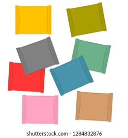 Multicolored blank square sachet packets isolated on white background, vector mockup. Snack packaging wrapper, chocolate chunk, candy - template.