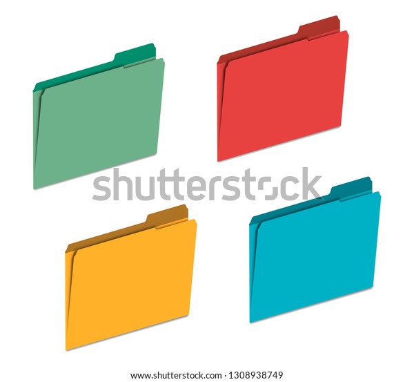 Multicolored blank tabbed file folders,\
vector template. Colored folder with tab, mock-up\
set.