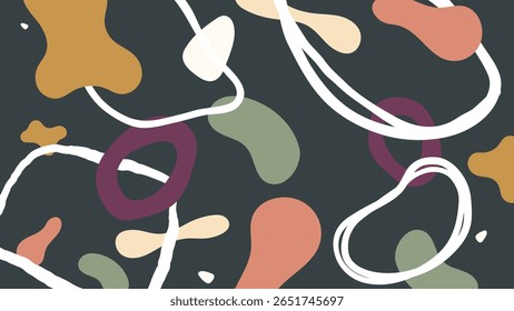 Bolhas multicoloridas em pêssego, ocre, sábio e ameixa espalhadas sobre uma base escura com linhas brancas desenhadas à mão. Moody design abstrato.