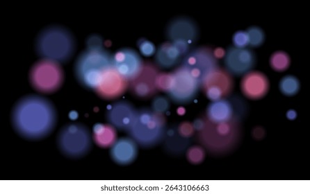 Multicolorido borrado bokeh partículas com violeta, azul, tons de rosa flutuando sobre fundo preto, criando festivo ou sonhador composição abstrata.