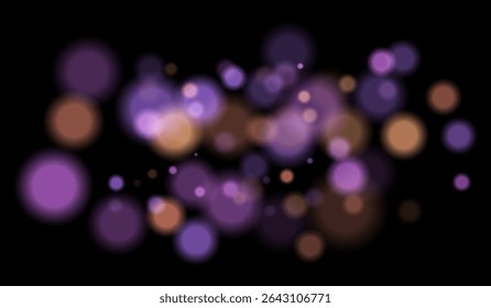 Multicolorido borrado bokeh partículas com violeta, azul, tons de rosa flutuando sobre fundo preto, criando festivo ou sonhador composição abstrata.