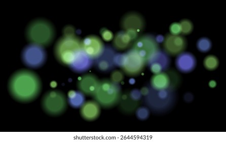 Multicolorido borrado bokeh partículas com violeta, azul, tons de rosa flutuando sobre fundo preto, criando festivo ou sonhador composição abstrata.