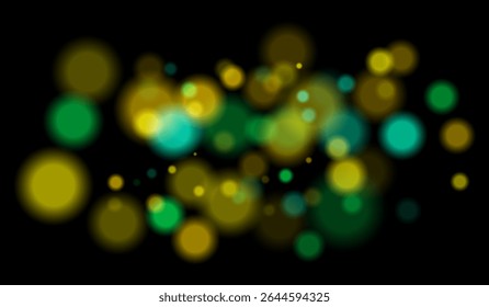 Multicolored blurred bokeh particles with violet, blue, pink hues floating on black background, creating festive or dreamy abstract composition.