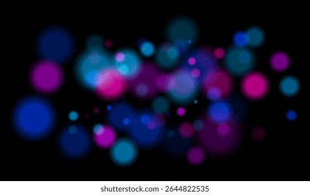 Multicolorido borrado bokeh partículas com violeta, azul, tons de rosa flutuando sobre fundo preto, criando festivo ou sonhador composição abstrata.