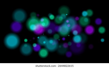 Multicolored blurred bokeh particles with violet, blue, pink hues floating on black background, creating festive or dreamy abstract composition.