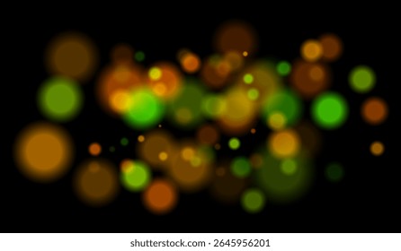 Multicolored blurred bokeh particles with violet, blue, pink hues floating on black background, creating festive or dreamy abstract composition.