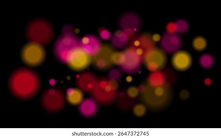 Multicolorido borrado bokeh partículas com violeta, azul, tons de rosa flutuando sobre fundo preto, criando festivo ou sonhador composição abstrata.