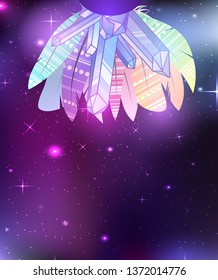 Multicolored boho feathers of birds with decoration, crystal and a place for the text on cosmic background. Vector magic template for greeting cards, invitations and your creativity