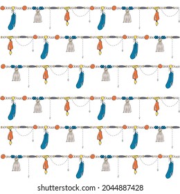 Multicolored boho styled pattern of necklaces with beads, pebbles, feathers, tassels and chains, on a white background.
